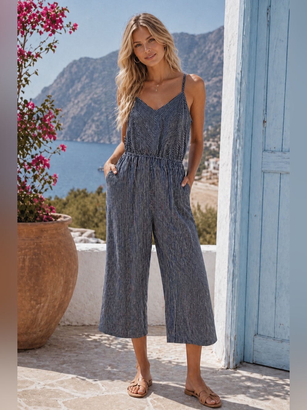 Voy Navy White Striped Cropped Wide Leg Jumpsuit NWT Tie Back Pockets Large
